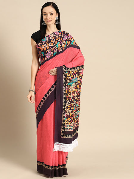 Pink Floral Printed Cotton Saree for Women