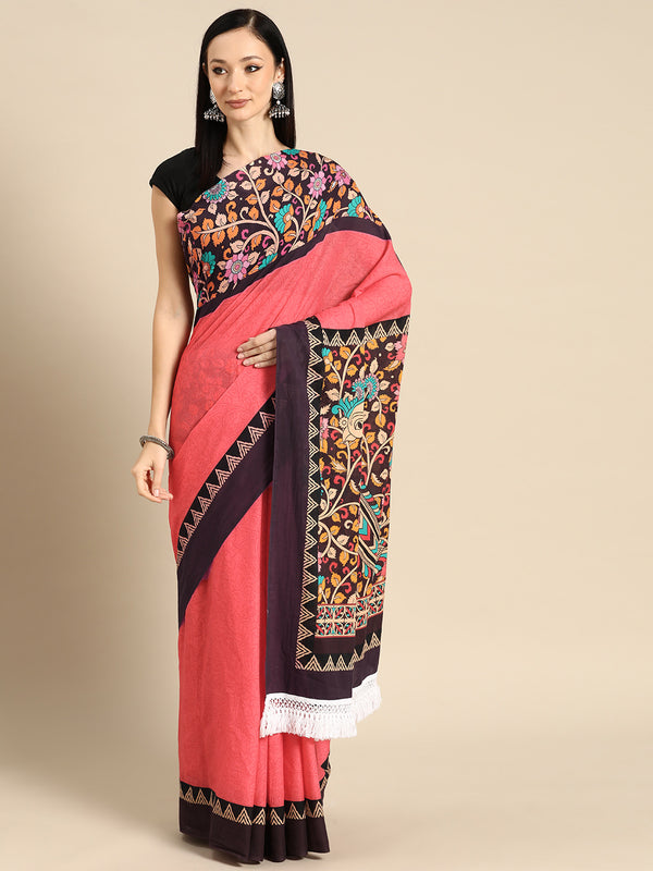 Pink Floral Printed Cotton Saree for Women
