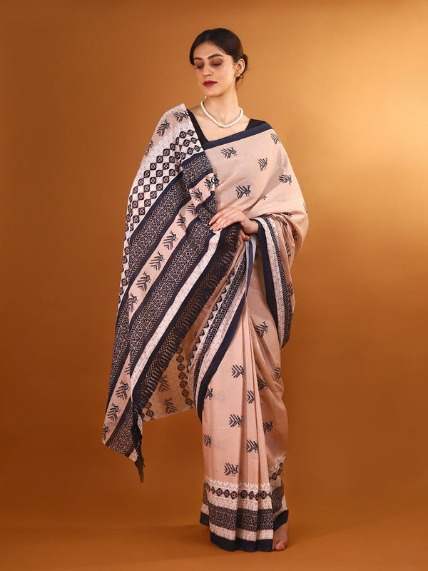 Peach Ethnic Motif Printed Cotton Saree for Women