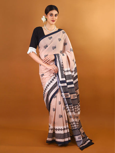 Peach Ethnic Motif Printed Cotton Saree for Women