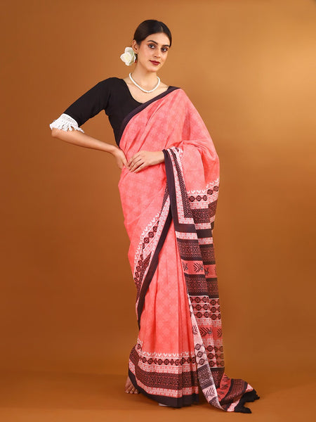 Pink Ethnic Motif Printed Cotton Saree for Women