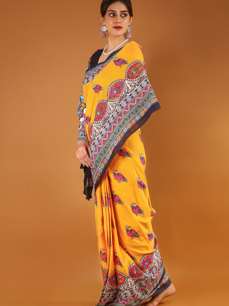 Yellow Ethnic Motif Printed Cotton Saree for Women