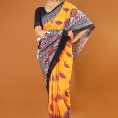 Yellow Ethnic Motif Printed Cotton Saree for Women