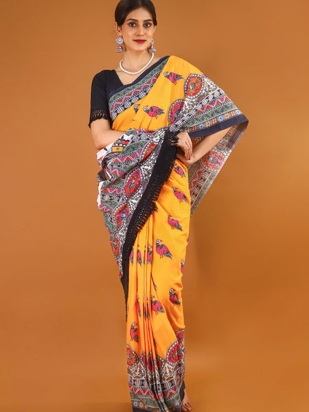 Yellow Ethnic Motif Printed Cotton Saree for Women
