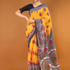 Yellow Ethnic Motif Printed Cotton Saree for Women