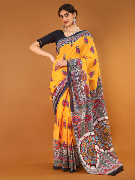 Yellow Ethnic Motif Printed Cotton Saree for Women