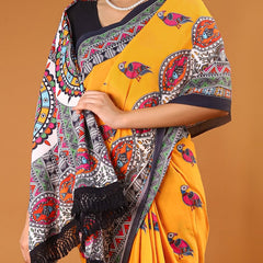 Yellow Ethnic Motif Printed Cotton Saree for Women
