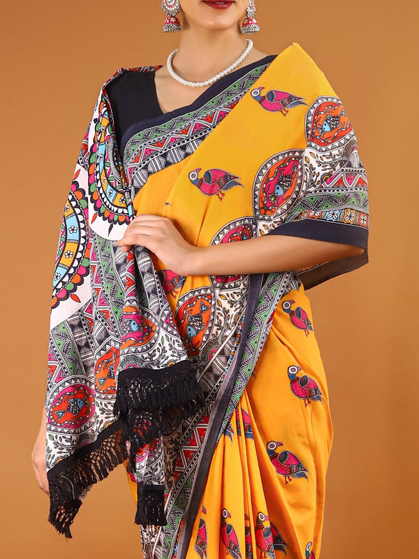 Yellow Ethnic Motif Printed Cotton Saree for Women