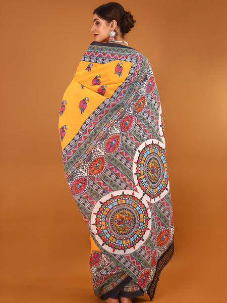 Yellow Ethnic Motif Printed Cotton Saree for Women
