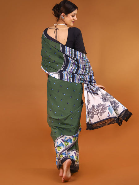 Green Ethnic Motif Printed Cotton Saree for Women