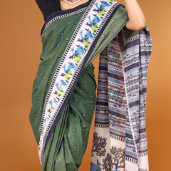 Green Ethnic Motif Printed Cotton Saree for Women