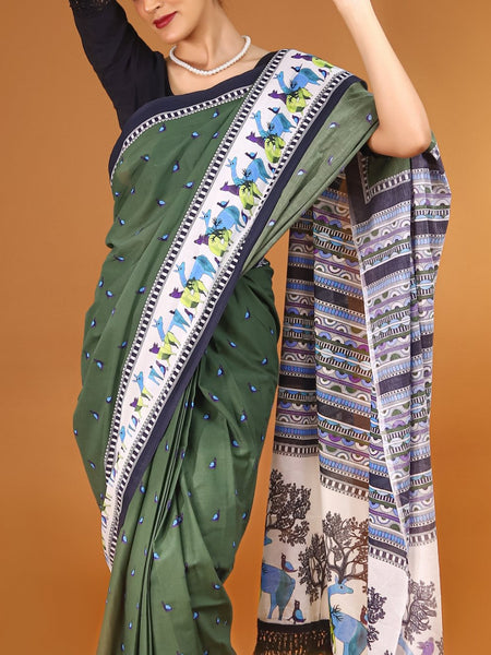Green Ethnic Motif Printed Cotton Saree for Women