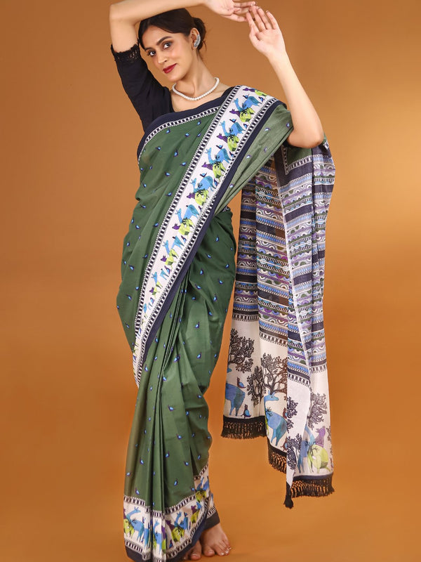 Green Ethnic Motif Printed Cotton Saree for Women