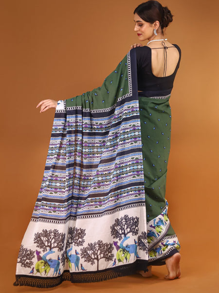 Green Ethnic Motif Printed Cotton Saree for Women