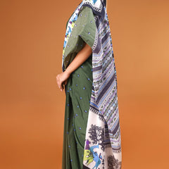 Green Ethnic Motif Printed Cotton Saree for Women
