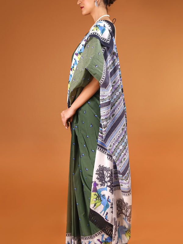 Green Ethnic Motif Printed Cotton Saree for Women