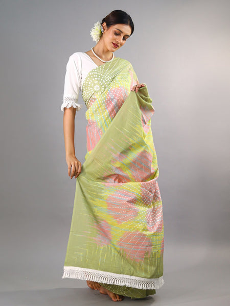 Green Tie Dye Printed Cotton Saree for Women