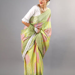 Green Tie Dye Printed Cotton Saree for Women