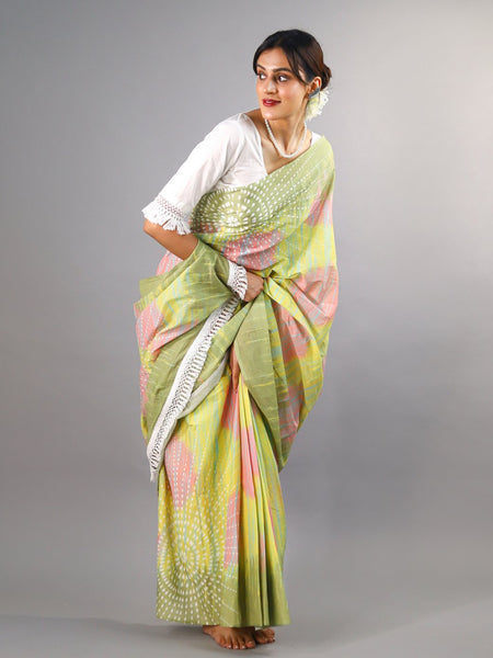 Green Tie Dye Printed Cotton Saree for Women