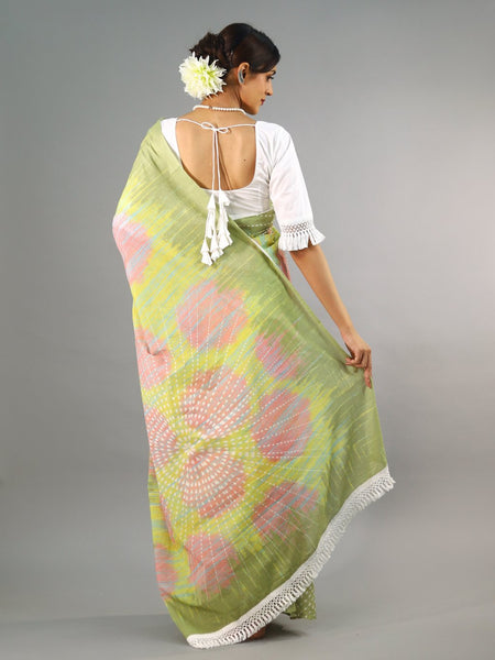 Green Tie Dye Printed Cotton Saree for Women