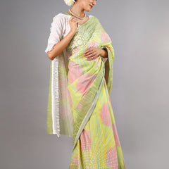 Green Tie Dye Printed Cotton Saree for Women
