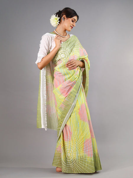 Green Tie Dye Printed Cotton Saree for Women