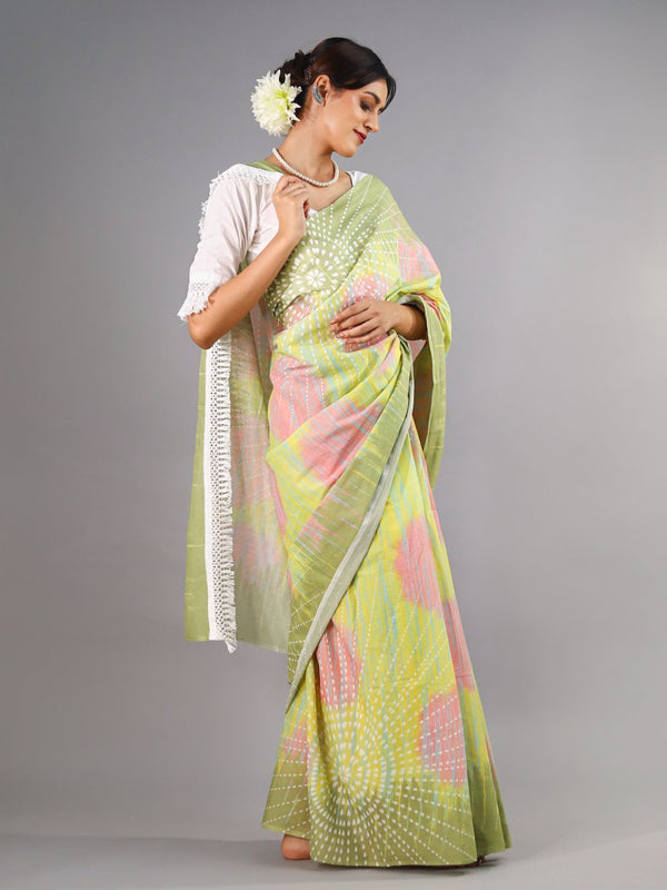 Green Tie Dye Printed Cotton Saree for Women
