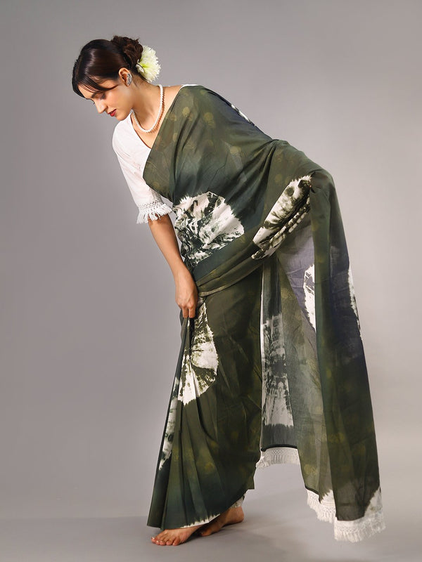 Green Tie & Dye Cotton Saree for Women