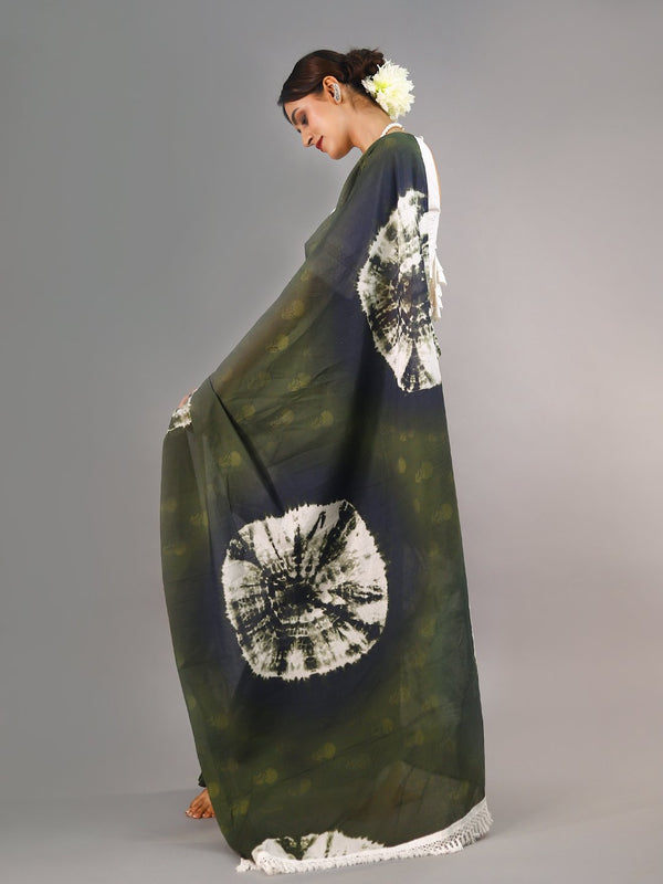 Green Tie & Dye Cotton Saree for Women