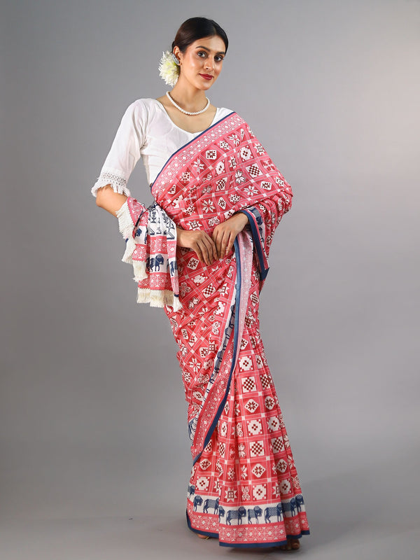 Pink Ethnic Motif Printed Cotton Saree for Women