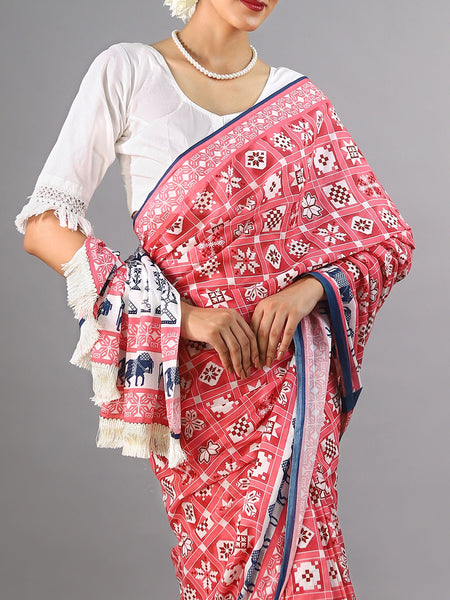 Pink Ethnic Motif Printed Cotton Saree for Women