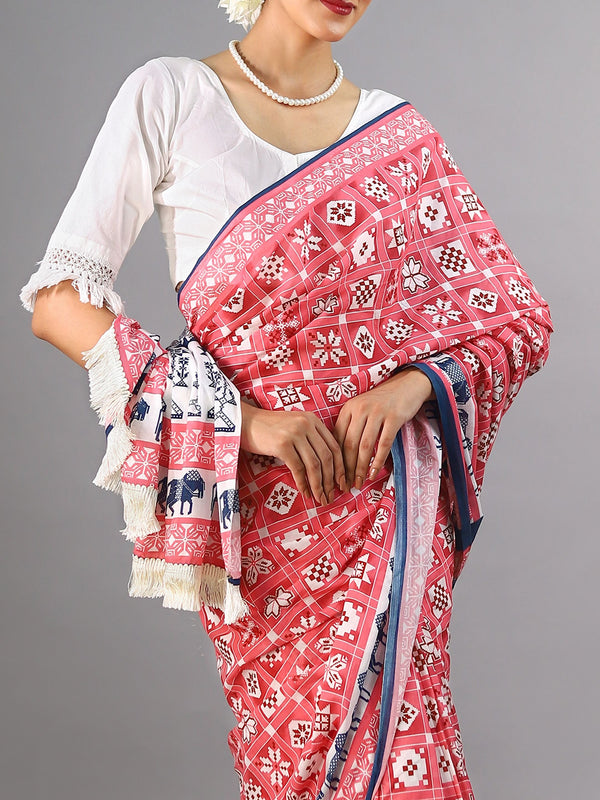 Pink Ethnic Motif Printed Cotton Saree for Women