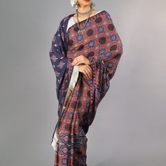 Red Ajrak Block Printed Cotton Saree for Women