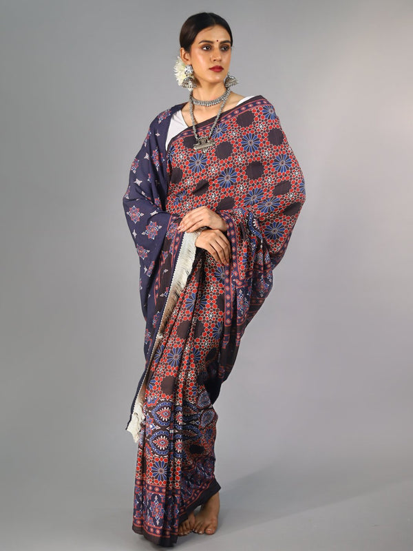 Red Ajrak Block Printed Cotton Saree for Women