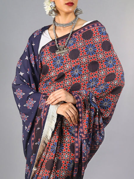 Red Ajrak Block Printed Cotton Saree for Women