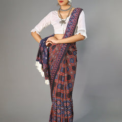 Red Ajrak Block Printed Cotton Saree for Women