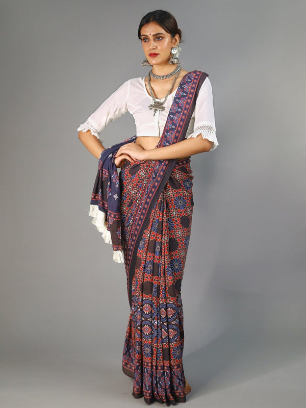 Red Ajrak Block Printed Cotton Saree for Women