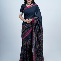 Navy Blue Kalamkari Printed Cotton Saree for Women