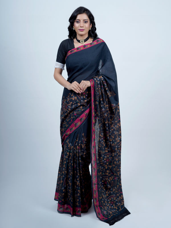 Navy Blue Kalamkari Printed Cotton Saree for Women