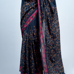 Navy Blue Kalamkari Printed Cotton Saree for Women