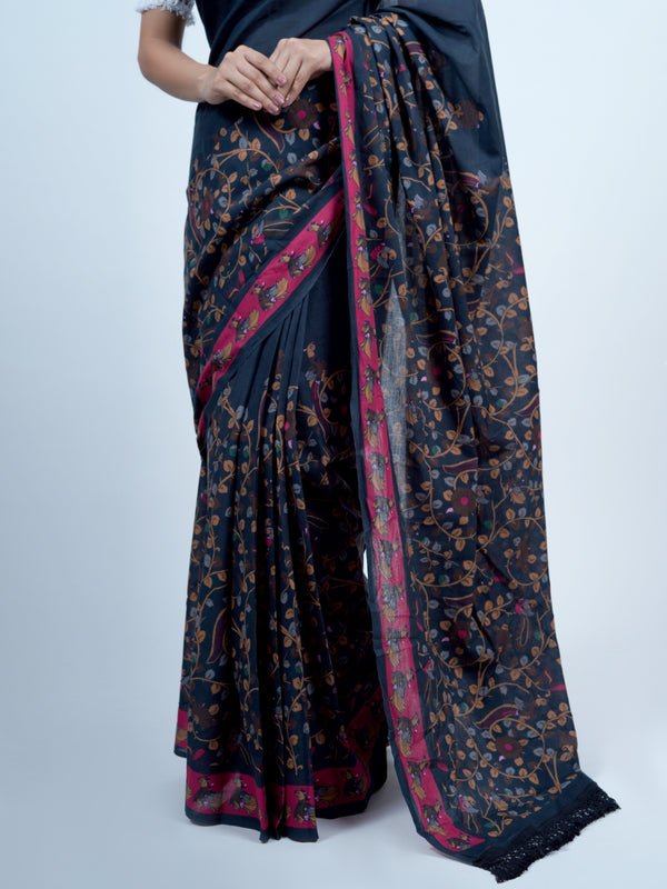 Navy Blue Kalamkari Printed Cotton Saree for Women