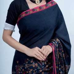Navy Blue Kalamkari Printed Cotton Saree for Women
