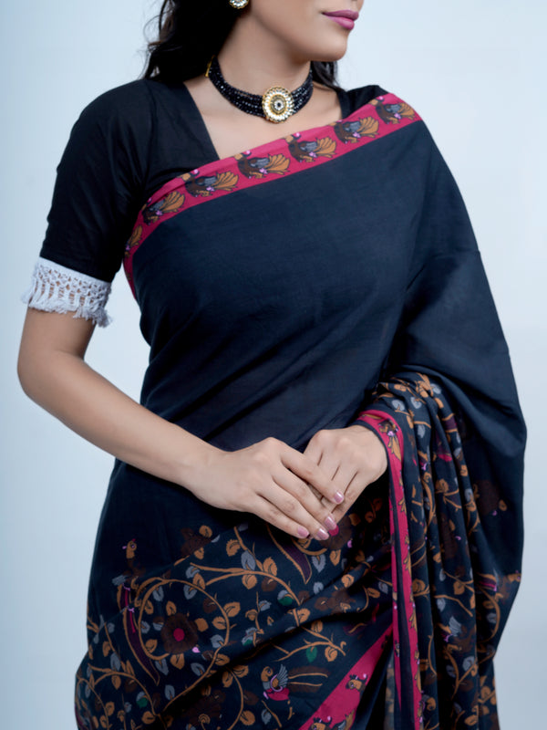 Navy Blue Kalamkari Printed Cotton Saree for Women