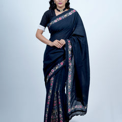 Navy Blue Floral Tasselled Cotton Saree for Women