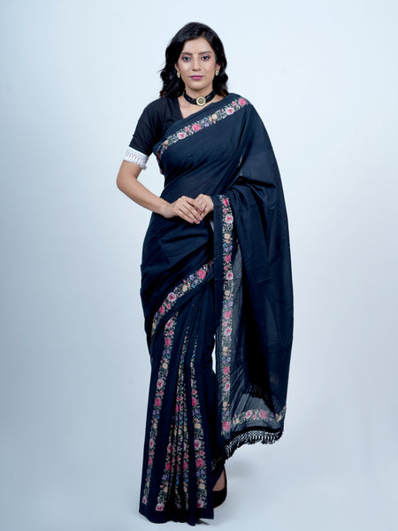 Navy Blue Floral Tasselled Cotton Saree for Women