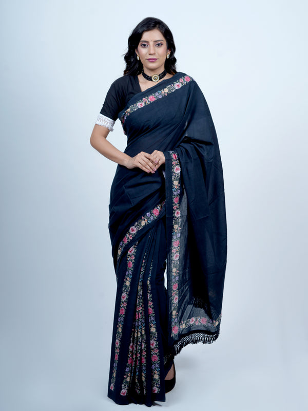 Navy Blue Floral Tasselled Cotton Saree for Women