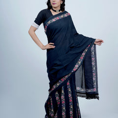 Navy Blue Floral Tasselled Cotton Saree for Women