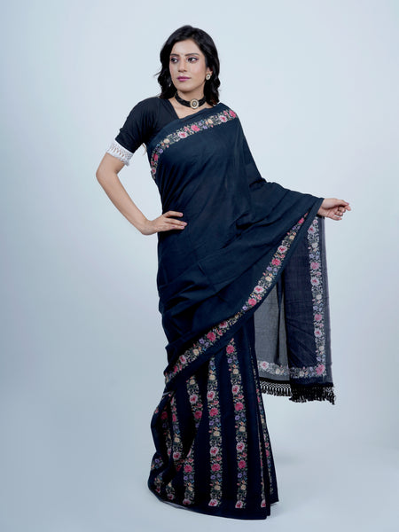 Navy Blue Floral Tasselled Cotton Saree for Women
