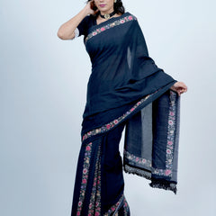 Navy Blue Floral Tasselled Cotton Saree for Women