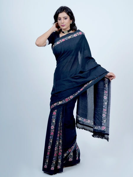 Navy Blue Floral Tasselled Cotton Saree for Women